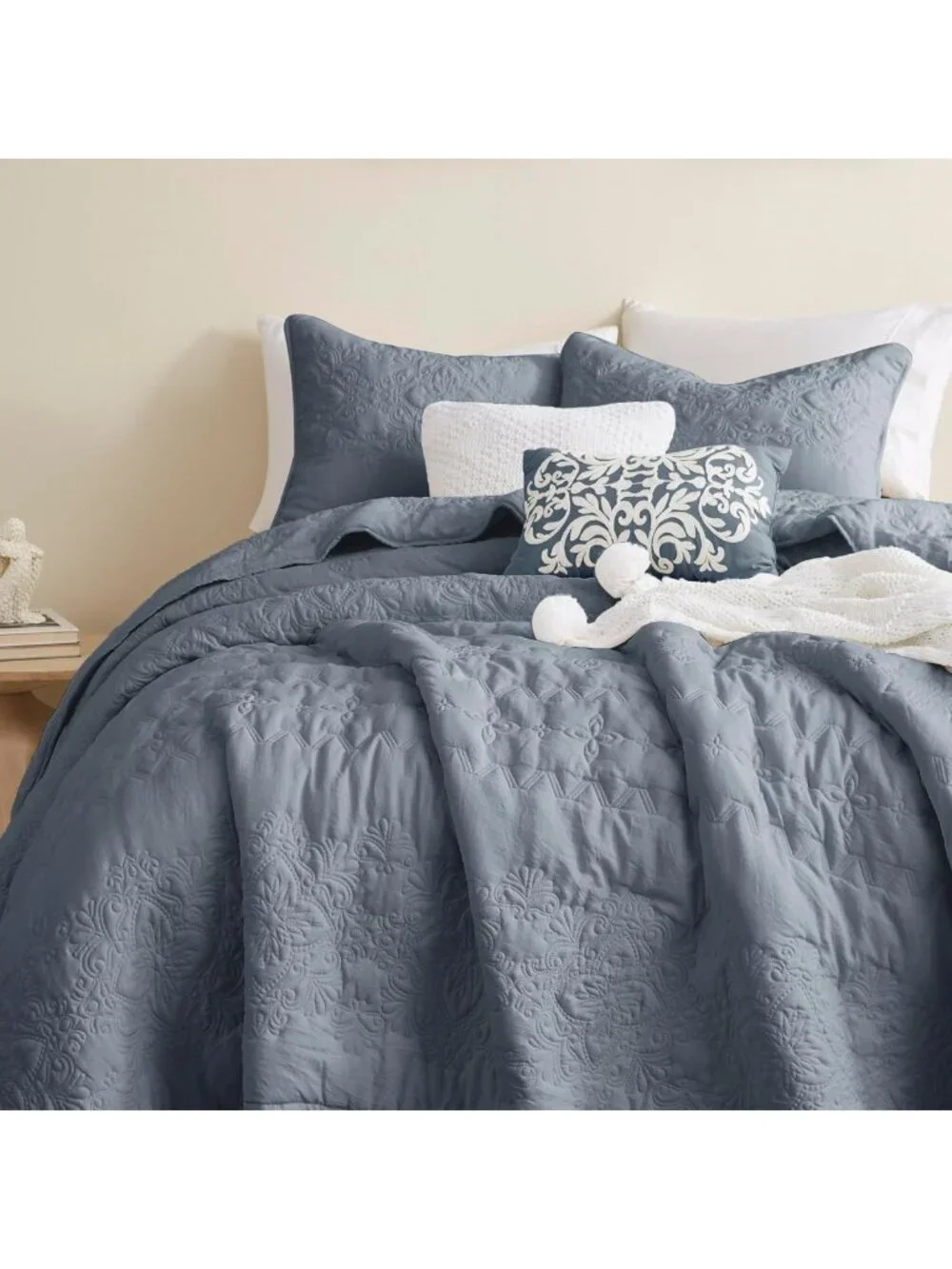 Boho Blue California King Quilt Set - Oversized Floral Lightweight Bedspread, 3